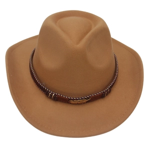 Detail of wool fedora with woven band, dark beads and a golden feather charm accessory
