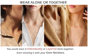 Detailed view of layered gold star of David and coin necklaces in four styling options