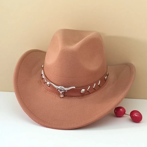 Classic light brown wool felt cowboy hat with leather band and silver ox head ornament