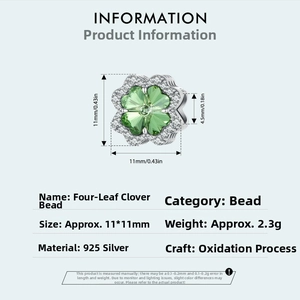 Macro view of 925 silver green lucky clover charm with detailed dimensions 11x11mm