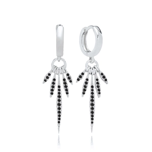 Macro detail of S925 silver hoop earrings with black zircon pavé and spike charms