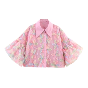 Women Pink Mesh 3D Floral Embroidery Blouse Sheer Puff Sleeve Lapel Button Up Shirt Sweet Sequin Top