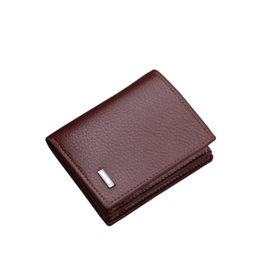 Vertical deep brown men's wallet in oil wax leather with lychee texture and metal trim