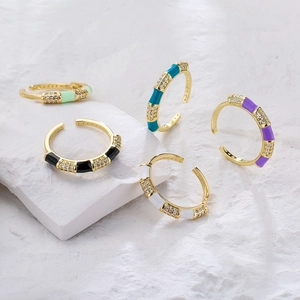 Bohemian Geometric Open Ring Copper 18K Gold Plated Zircon Enamel Colorful Bamboo Joint Shape Adjustable Jewelry Women