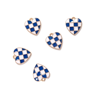 Blue and white checkered heart charms with metal edges for DIY jewelry making