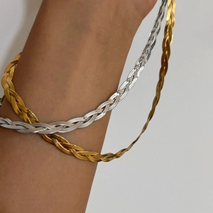 Three-tone braided stainless steel herringbone necklace for women in gold and silver