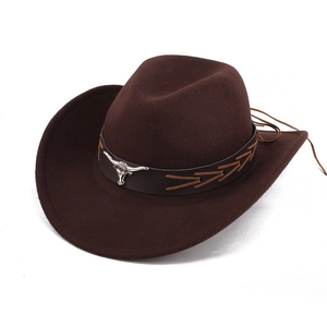 Detail of dark brown cowboy hat featuring leather band and metallic bull head emblem
