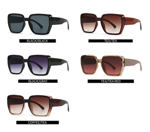 Flat lay of square sunglasses in black, tea, grey gradient and brown color options
