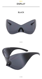 Front and 45-degree side view of black Y2K futuristic wrap-around sports sunglasses