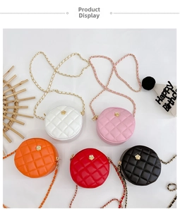 Detailed display of mini quilted round bags in five vibrant colors with gold flower buckles