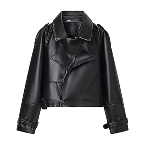 Women's black PU leather motorcycle jacket with lapel collar and waist belt on white background