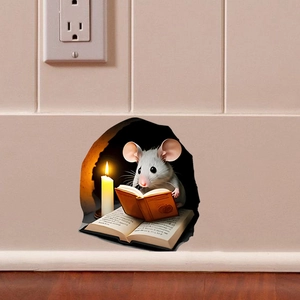 3D-Wandaufkleber mit einer süßen Maus, die bei Kerzenlicht in einem Loch liest