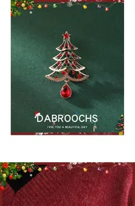 Detail of Christmas tree brooch with red and green rhinestones and a pear-shaped red gem