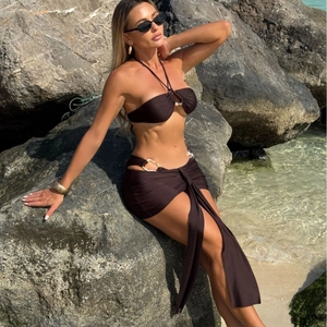 Sexy Solid Color Bikini Top Bottom And Sarong Skirt With Gold Metal Ring Halter Neck Summer Beachwear For Women