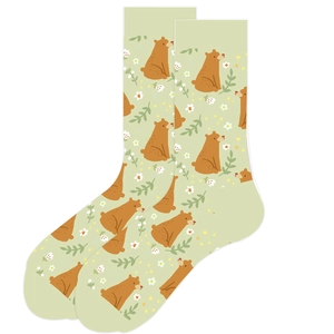 Detailed pattern of brown cartoon bears and white flowers on light green cotton socks