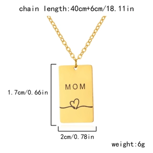 Detailed dimensions of gold Mama pendant necklace with size labels and weight info