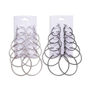 Set of six minimalist round hoop earrings in silver and gunmetal finish for women