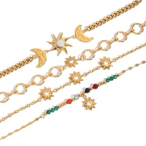 Luxurious gold stainless steel sun and moon charm bracelets set with colorful beads