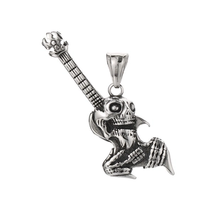 Gothic skull guitar pendant in polished silver stainless steel for rock music lovers