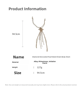 Detailed size specifications for rhinestone pearl body chain jewelry in 94.5cm length