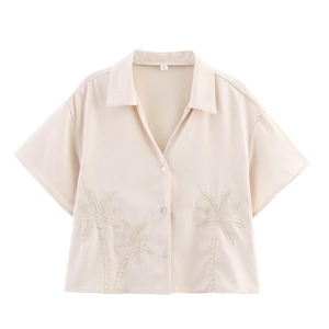 Women Short Sleeve Blouse Lapel V Neck Embroidery Coconut Tree Vacation Style Shirt For Lady Apricot Polyester