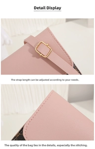 Detail of adjustable golden metal buckle and fine stitching on pink leather handbag