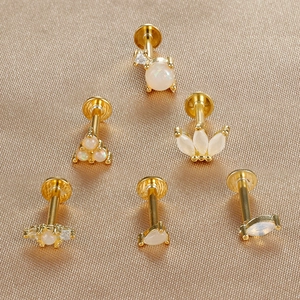 Lot de 6 clous d'oreilles S925 dorés avec opale et zircons marquise à dos plat