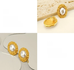 Detailed macro view of woven gold texture and pearl inlay on vintage stud earrings