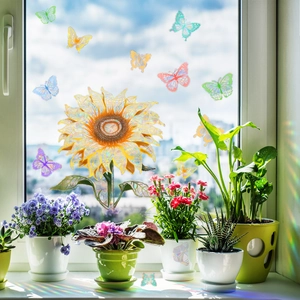 Rainbow sunflower and butterfly window stickers with colorful light refraction effects