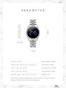 Detailed dimension guide for M1013 rhinestone LED watch with 37mm dial and metal band