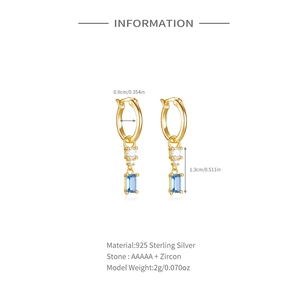 Detail showing S925 sterling silver gold earrings dimensions and blue zircon inlay