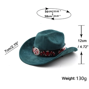 Detail view of turquoise suede western hat with ethnic embroidery and size specifications