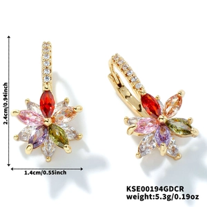 Detailed view of lotus flower earrings with colorful zircons measuring 2.4cm by 1.4cm