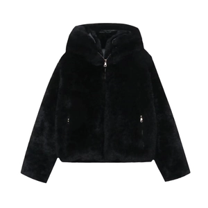 Women's minimalist black hooded faux fur jacket with full zipper on white background