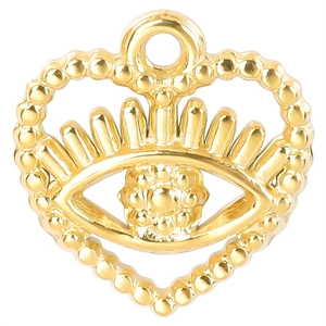 Detailed close-up of a 18k gold plated heart-shaped eye pendant made of titanium steel