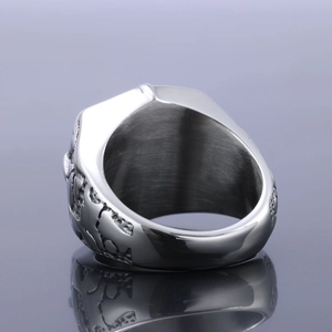 Punk style stainless steel nautical compass signet ring for men with side view reflection