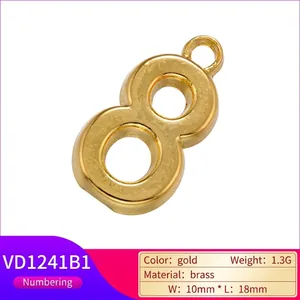 Polished 18K gold-plated brass number 8 pendant, 10x18mm size with smooth metallic finish