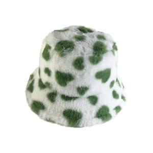 Plush white bucket hat for women with green heart patterns and soft faux fur texture