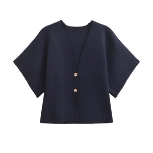Women's navy blue short sleeve V-neck knit cardigan with elegant gold metal buttons