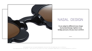 Detail of ergonomic nasal design on floral sunglasses for a comfortable fit