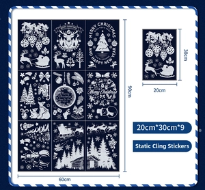Vue détaillée des 9 feuilles d'autocollants de Noël avec motifs d'élans et flocons