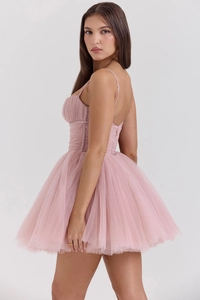 Detail of dusty pink mini dress showing tiered mesh skirt and elegant backless strap design