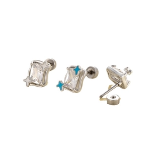 Chic silver star earrings with blue and white enamel and square gems set on white background