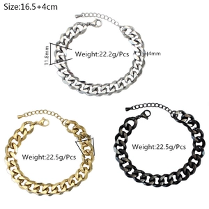 Flat lay of 11.8mm Cuban link bracelets in silver, gold, and black with size details