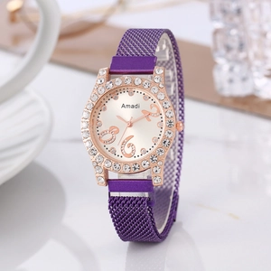 Macro detail of luxury purple mesh strap and sparkling crystal bezel on rose gold watch