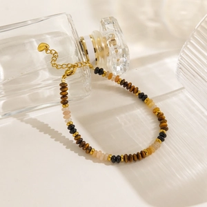 Maillard style tiger eye stone beaded bracelet with golden heart pendant and lobster clasp