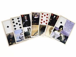Macro view of Sea Soul Journey Oracle cards with Anchor and Lady artwork on white background