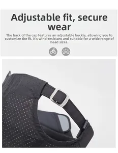 Detail of adjustable metal buckle and breathable quick-dry fabric on the black sun hat