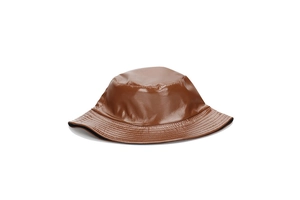 Détails du chapeau bob en cuir PU marron brillant avec coutures parallèles sur le bord