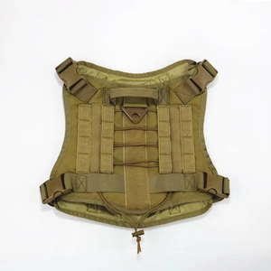 Detail of tactical dog harness in coyote brown with durable nylon and adjustment buckles